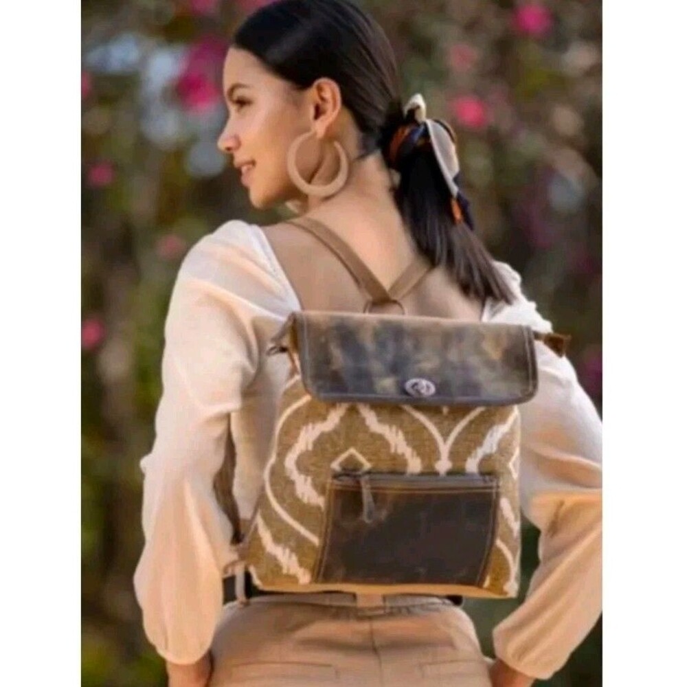 Myra Bag Brown Fantasy Canvas Leather Convertible Backpack Purse Boho Green EUC
